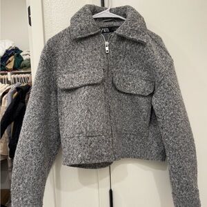 Zara Gray Teddy Jacket with Cropped Design and Plush Collar